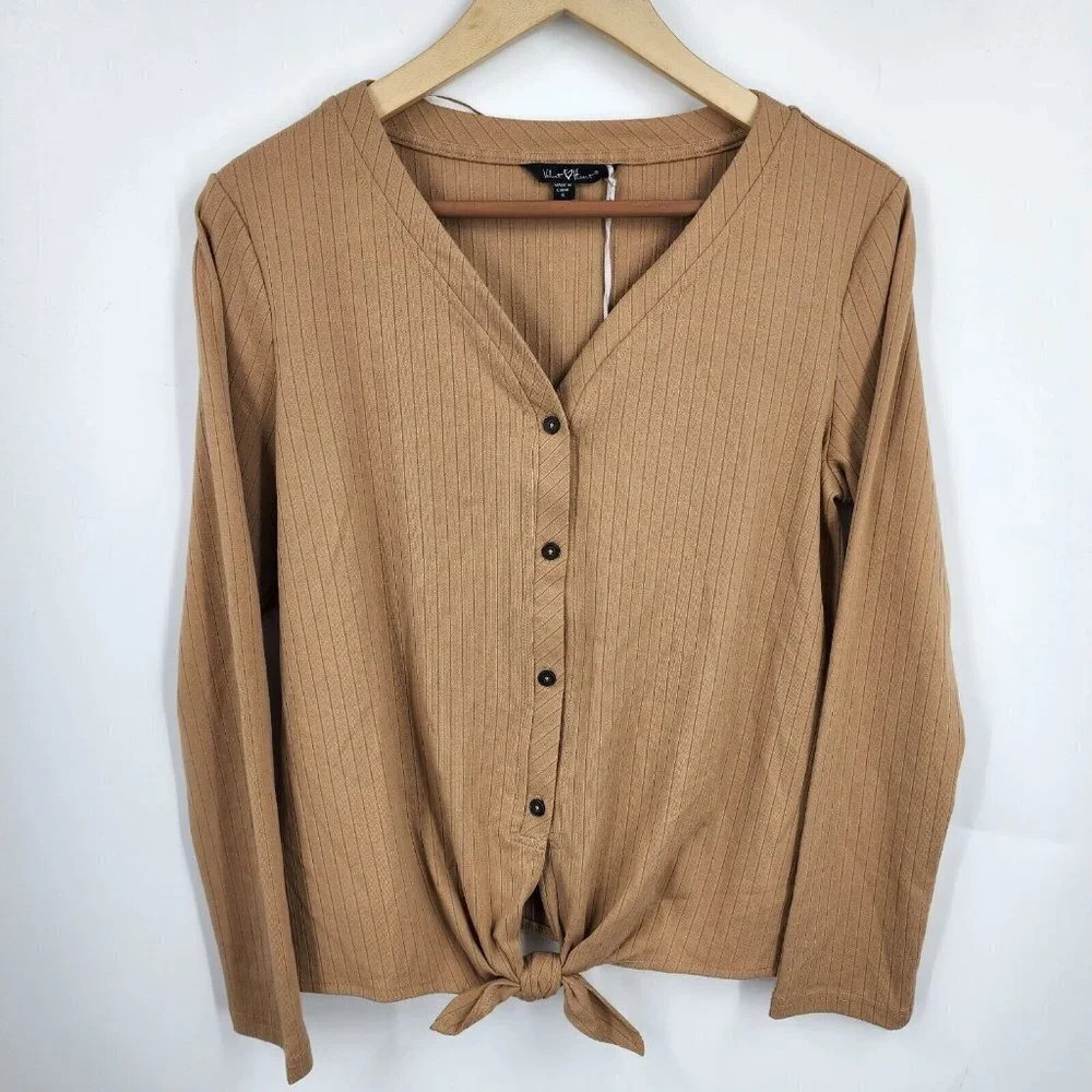 Velvet Heart Cori V-Neck Button Tie Front Ribbed Top In Camel Womens Size S NWT